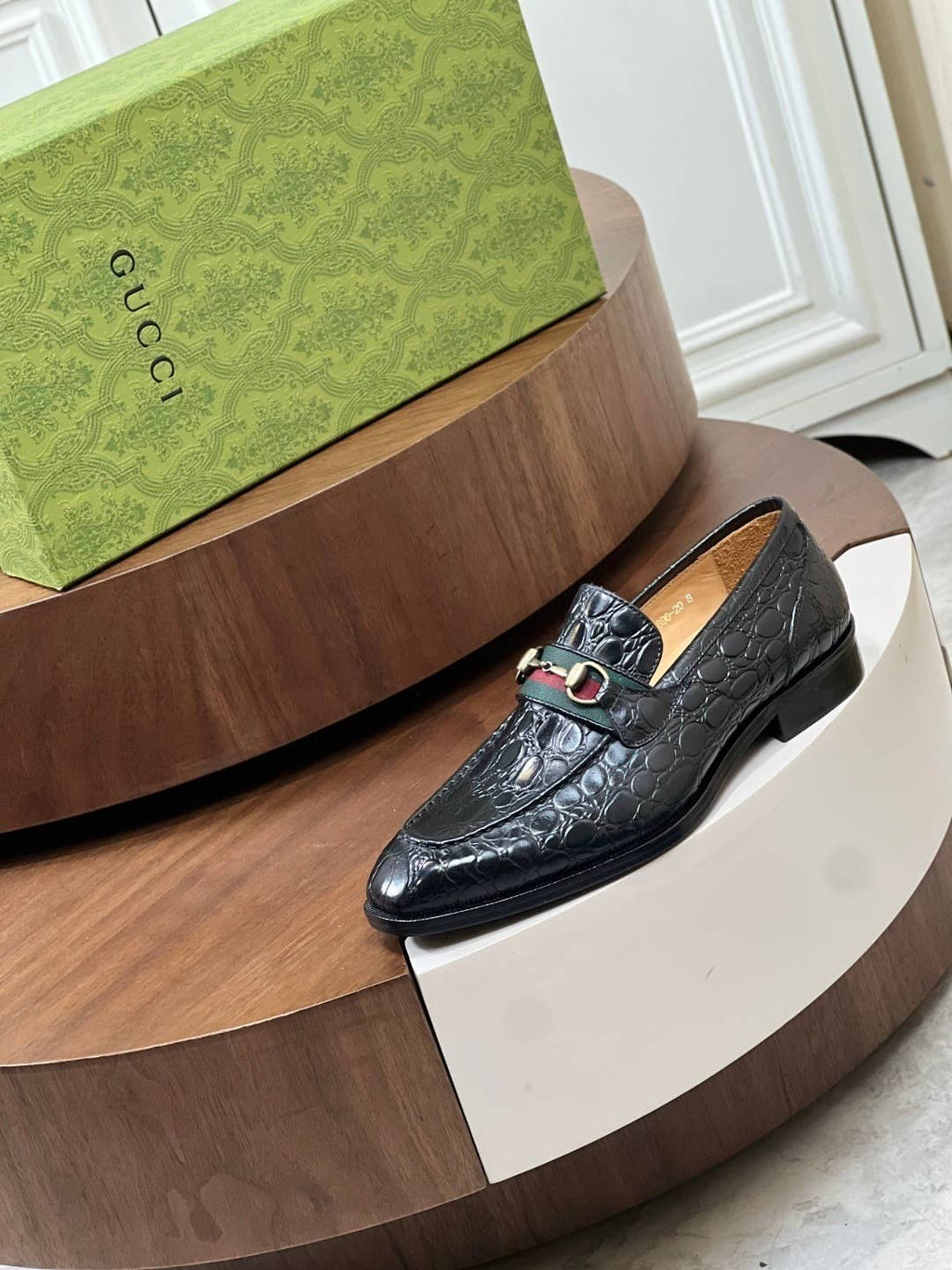 black crocodile leather loafers