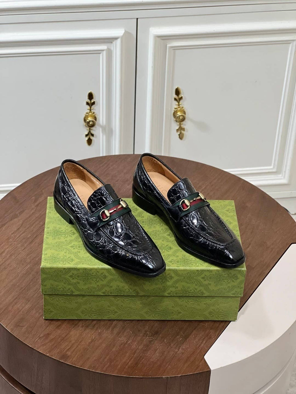 black crocodile leather loafers