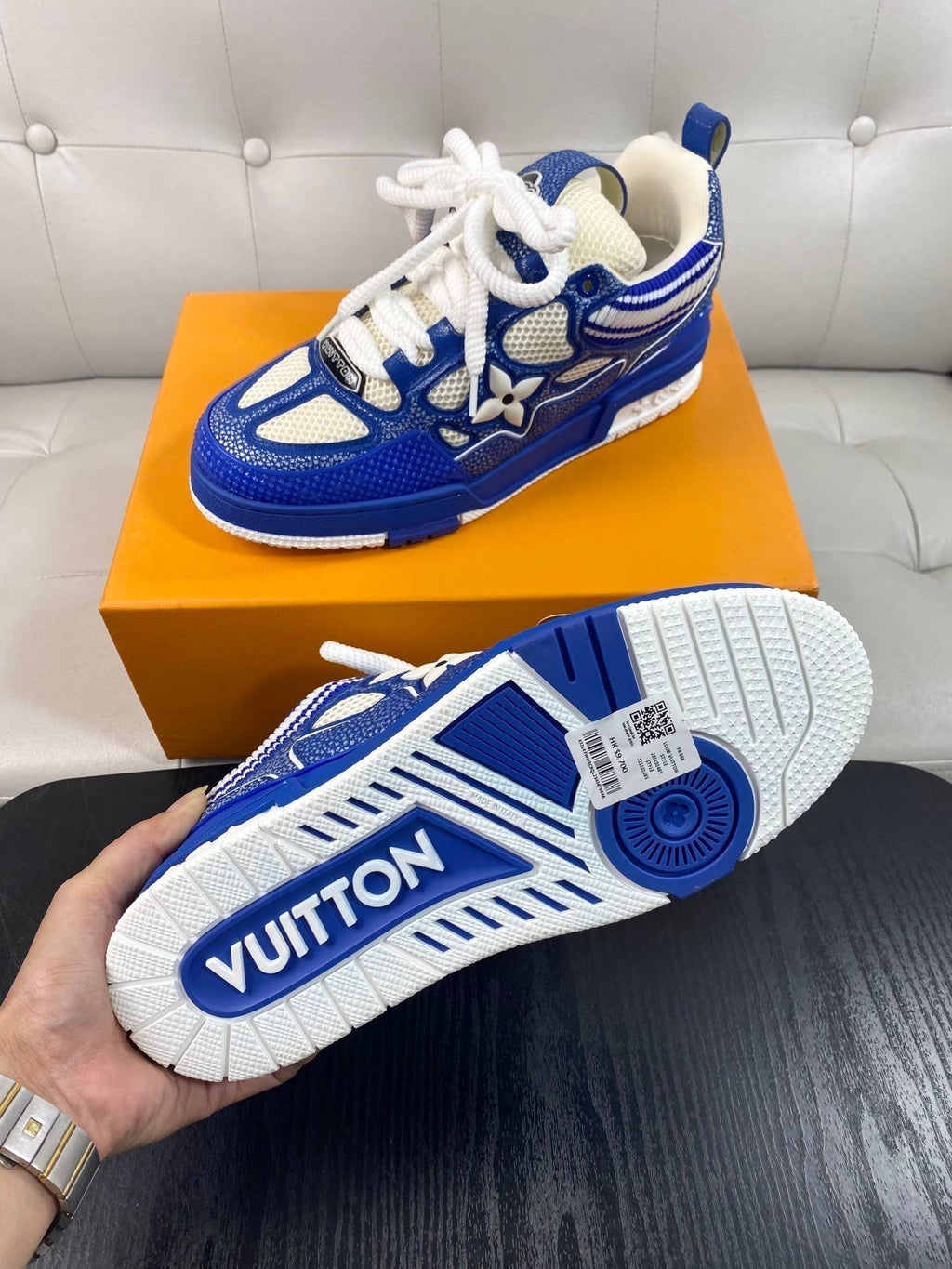 blue and white LV Skate sneakers