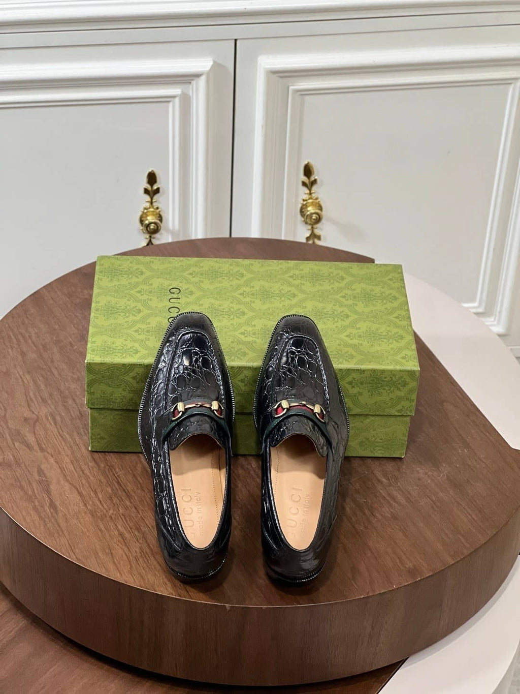 black crocodile leather loafers
