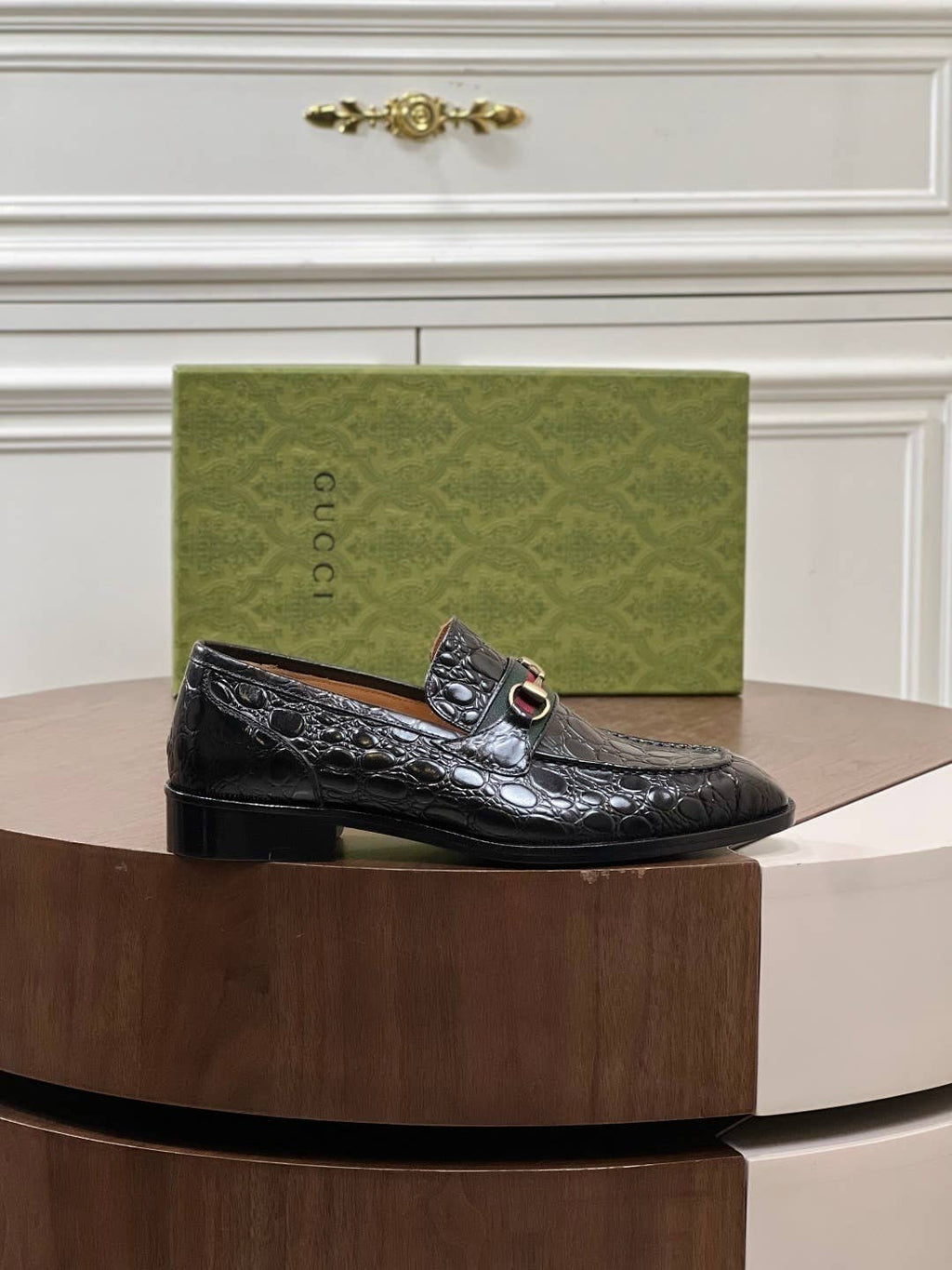 black crocodile leather loafers