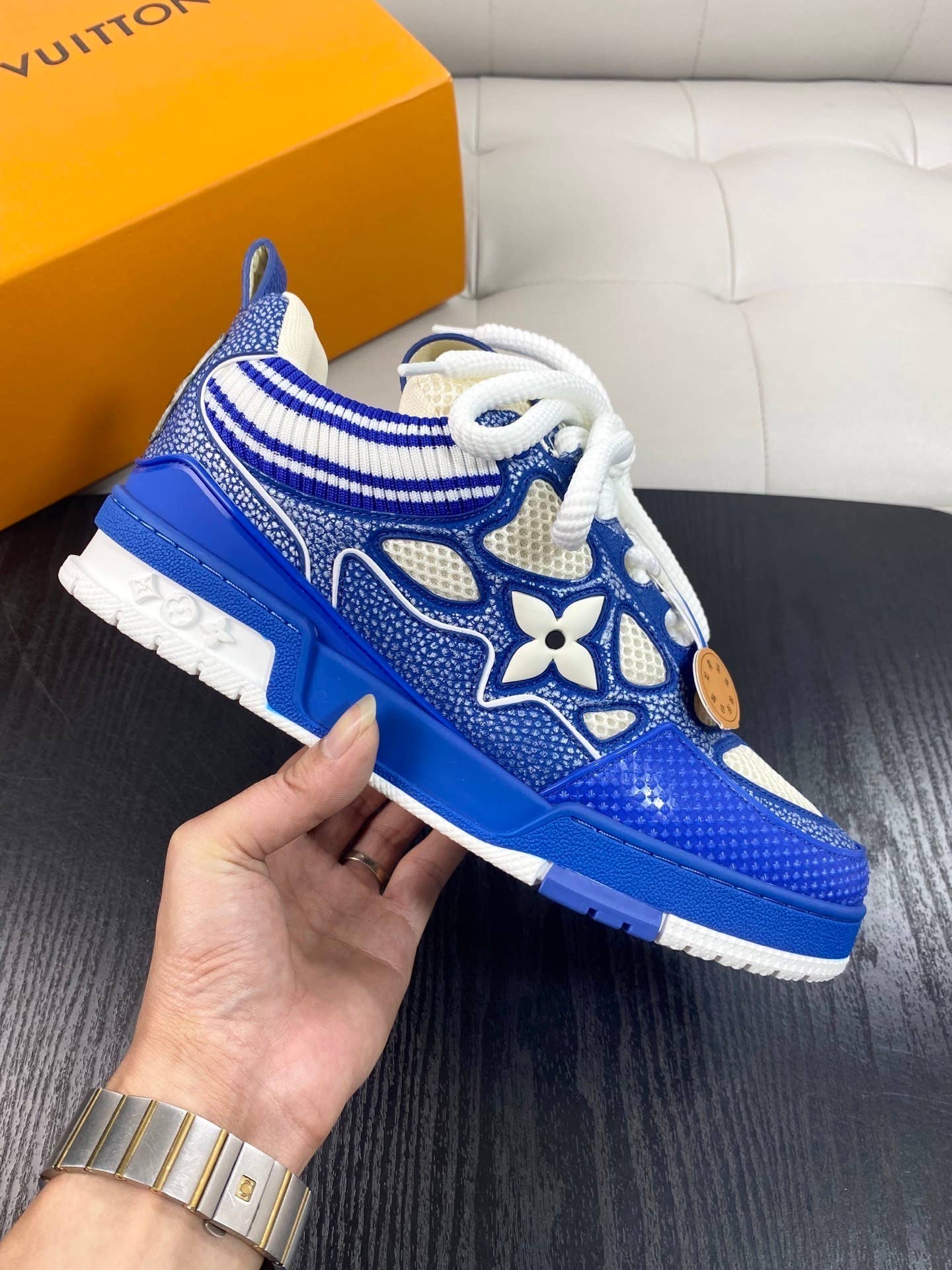 blue and white LV Skate sneakers