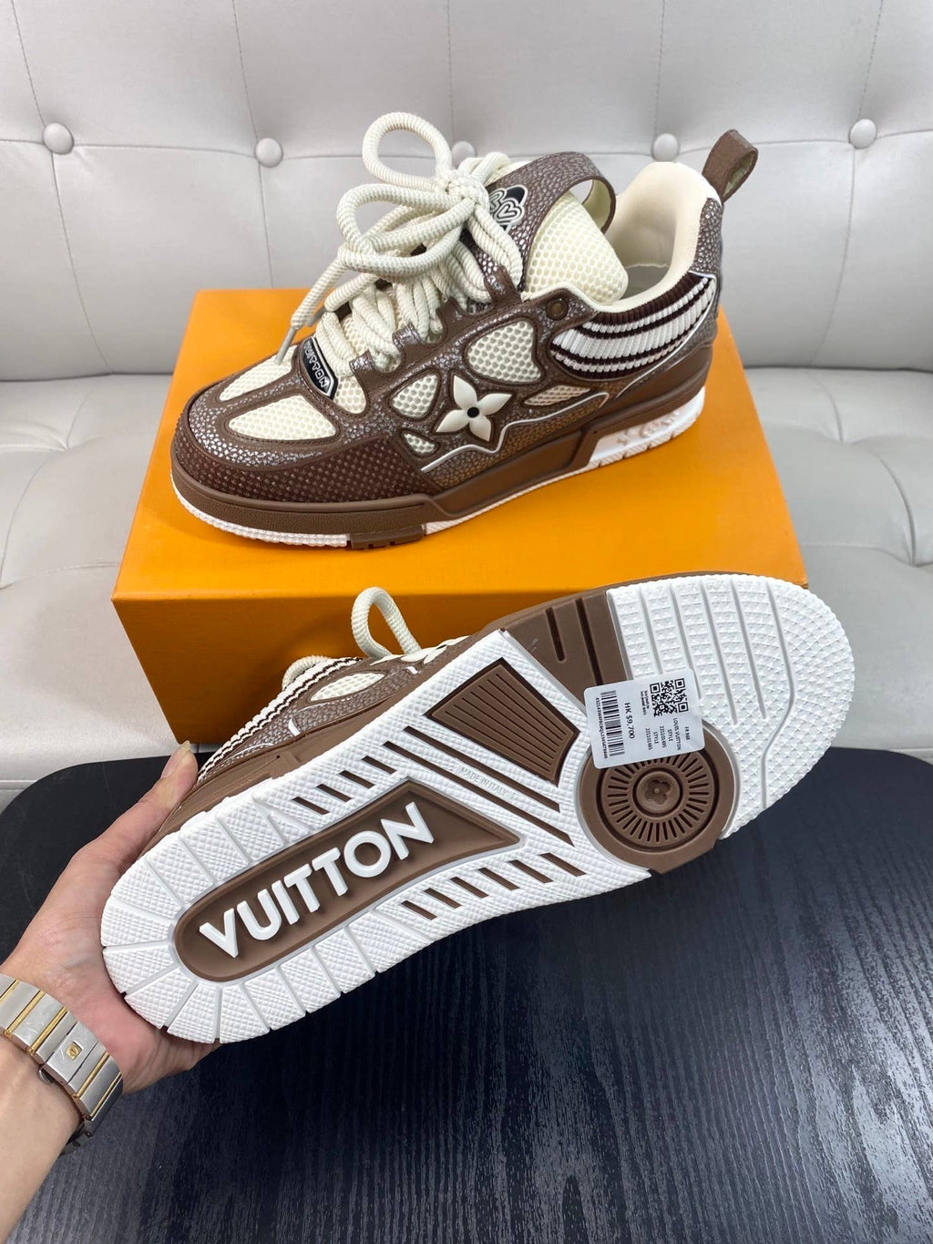 LV Skate Sneakers in a brown and white colorway.