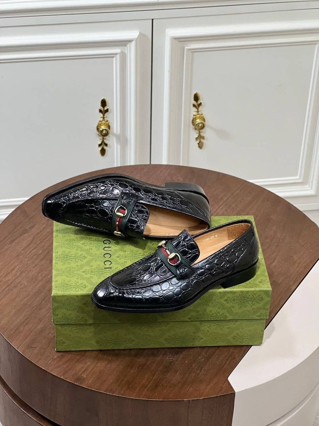 black crocodile leather loafers