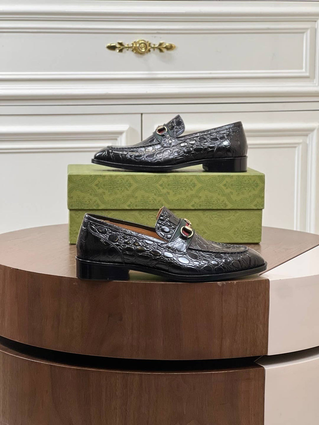 black crocodile leather loafers