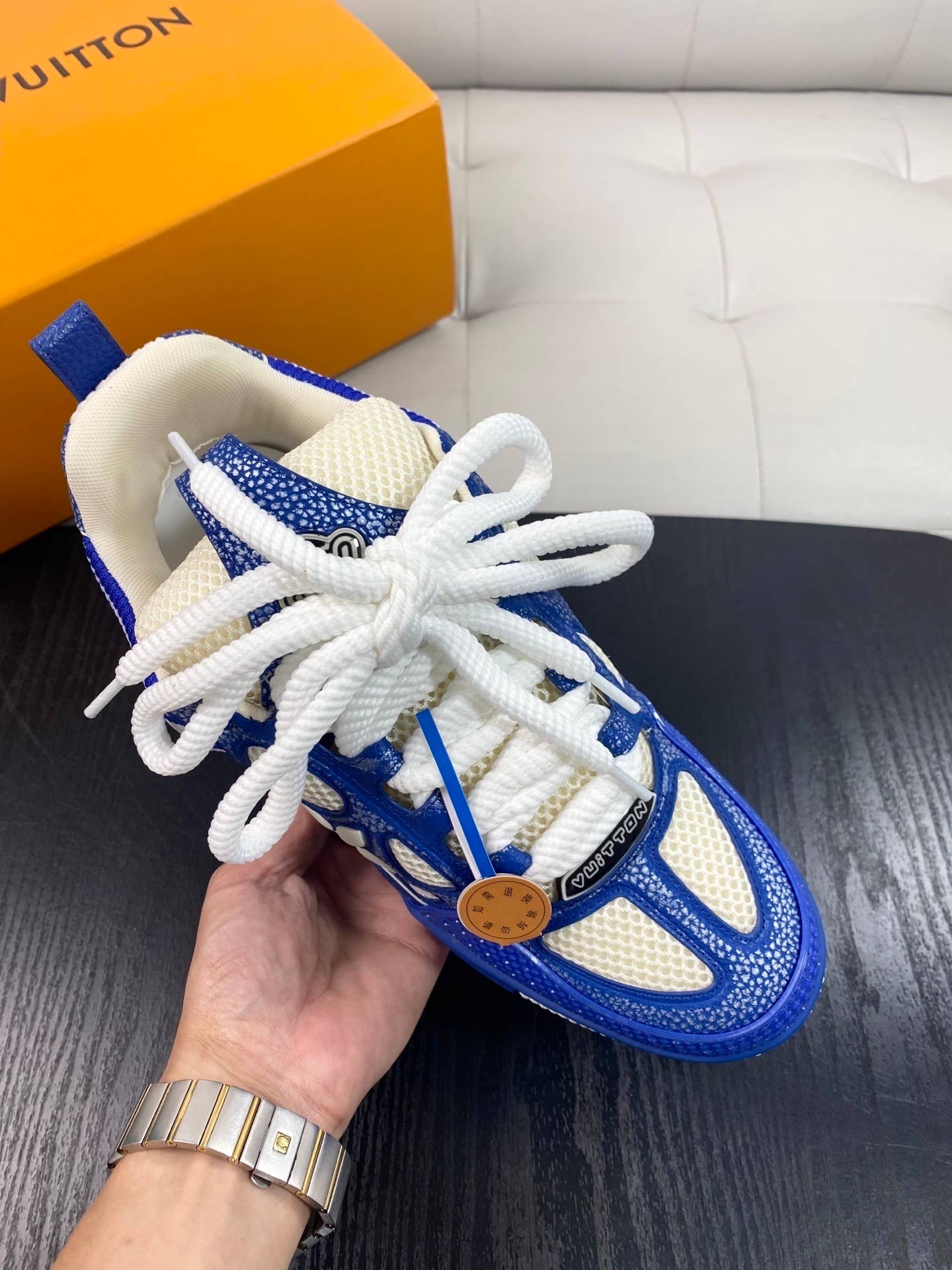 blue and white LV Skate sneakers