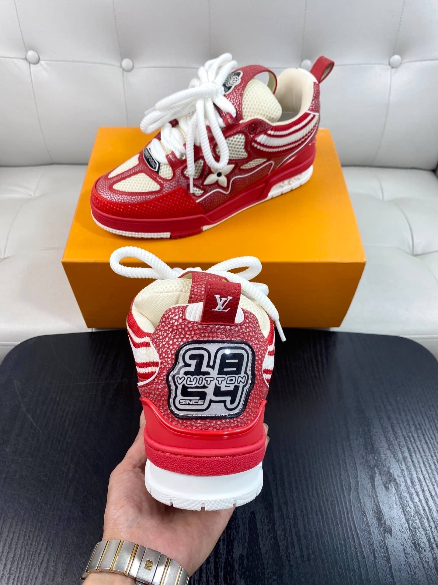 LV Skate sneaker in red and white.