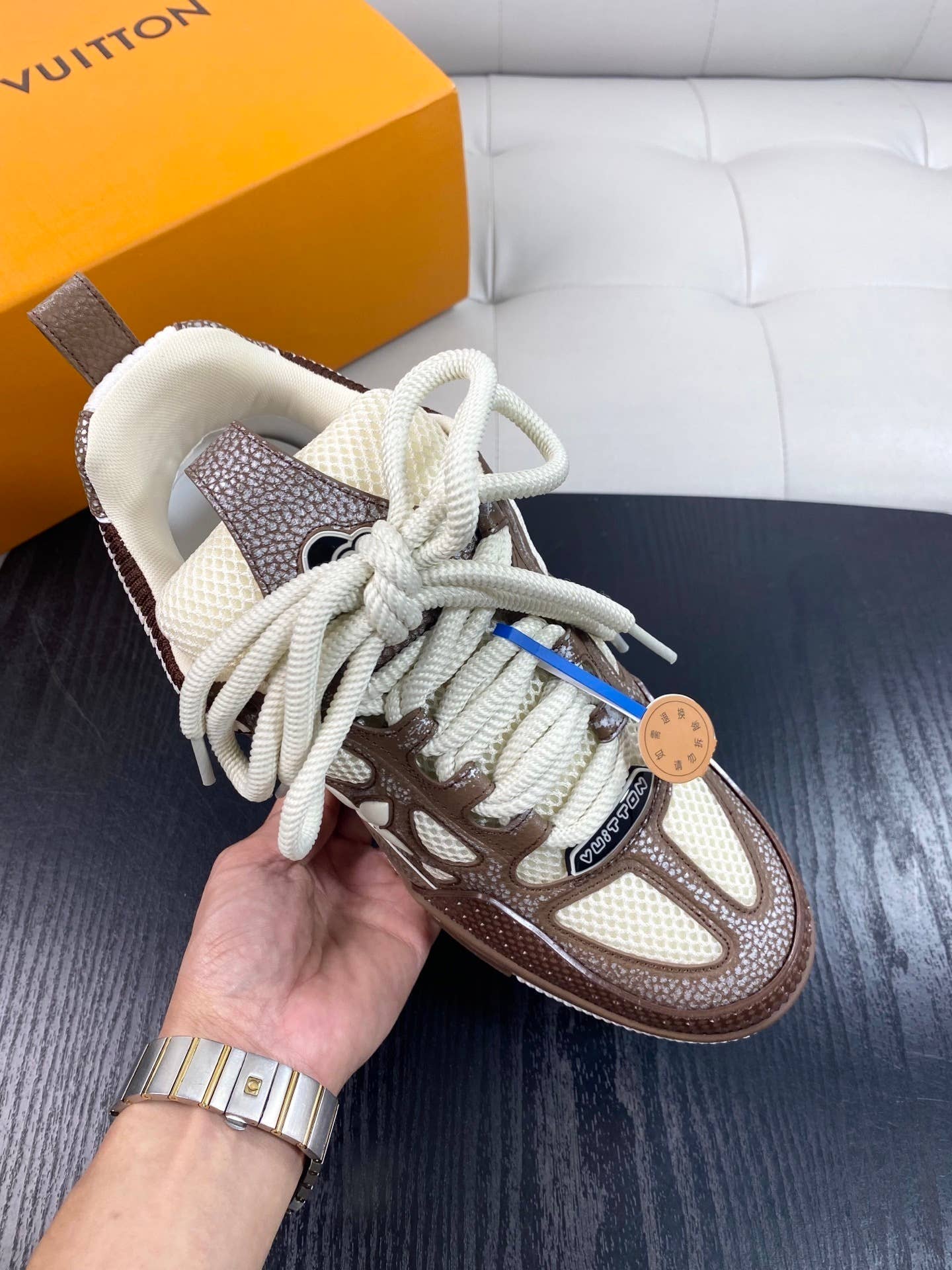 LV Skate Sneakers in a brown and white colorway.